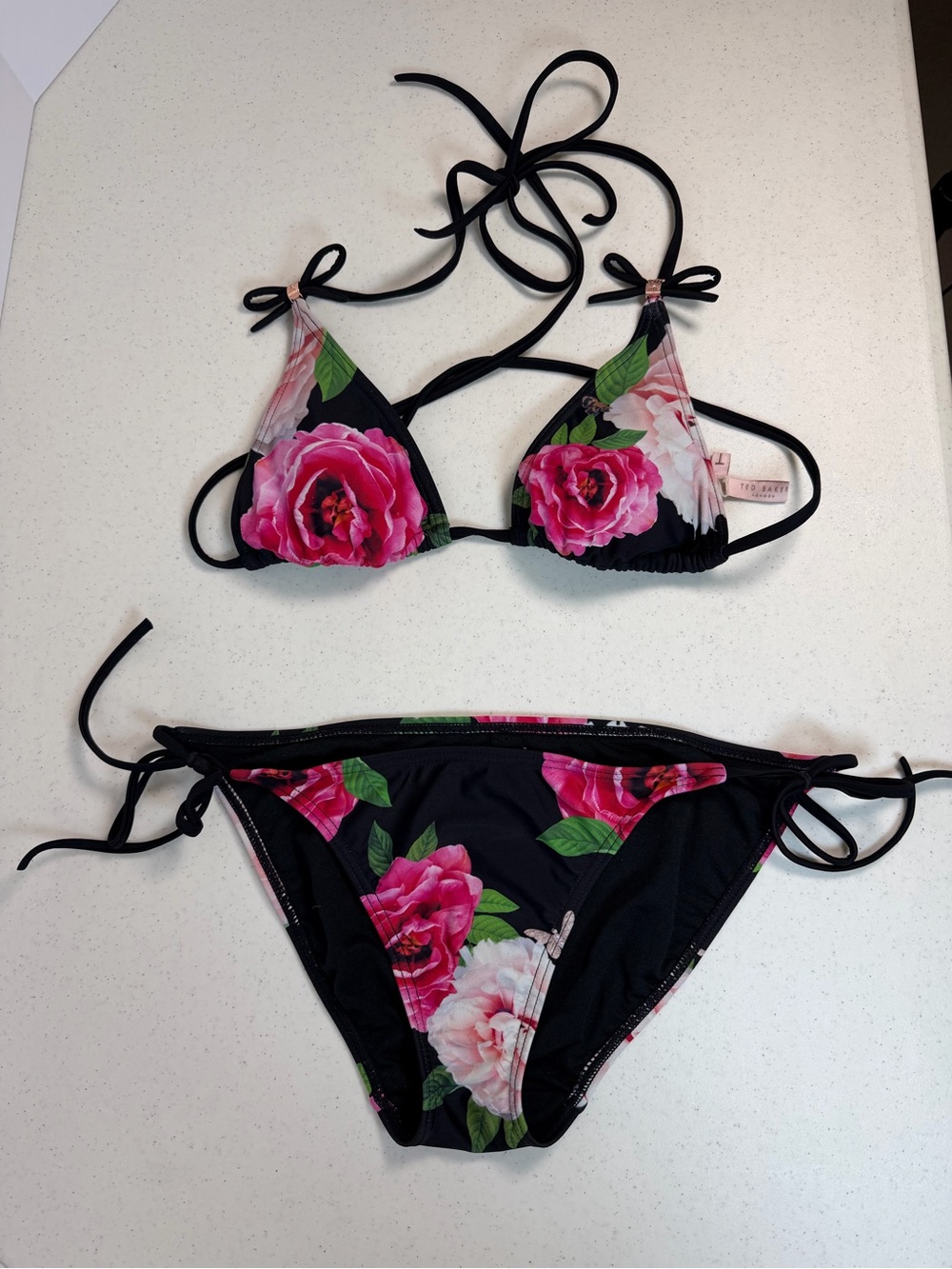Ted Baker London Floral Bikini Set Black Pink Rose Print Size 1